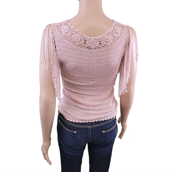 The Limited Womens Vtg y2k Hand Knit Beaded Fringe Crochet V Neck Pink Top SzS🖤 - Picture 7 of 15